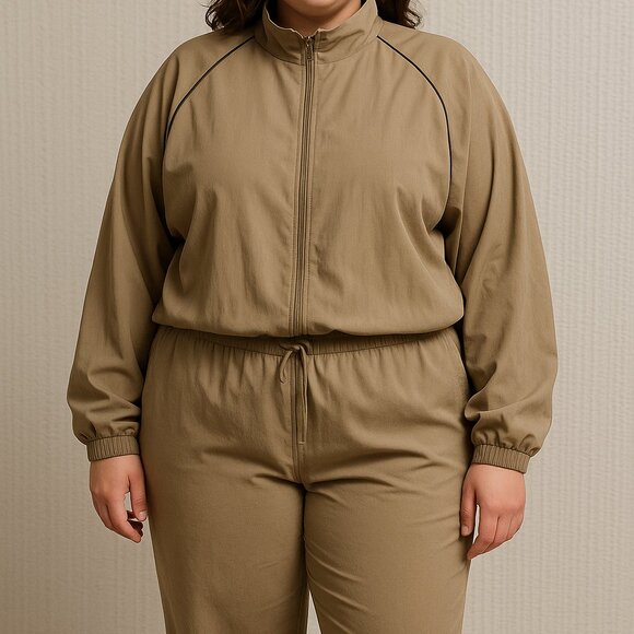Vintage Irvine Park 100% Silk 2XL Track Suit Set Tan Beige Windbreaker Pants 90s - Picture 1 of 16